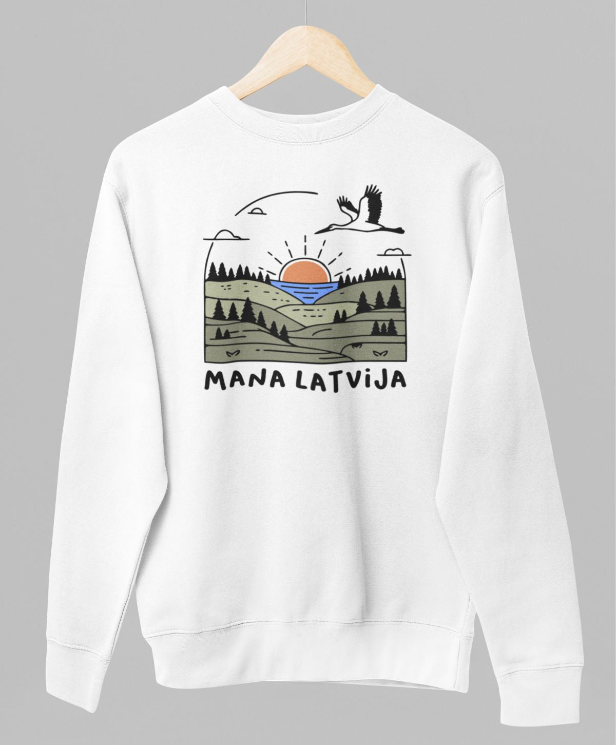 Balts UNISEX džemperis bez kapuces "Mana Latvija"