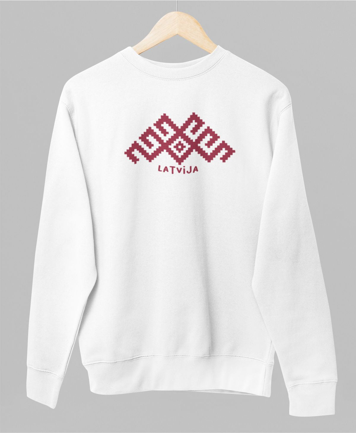 Balts UNISEX džemperis bez kapuces "Latviešu raksti"