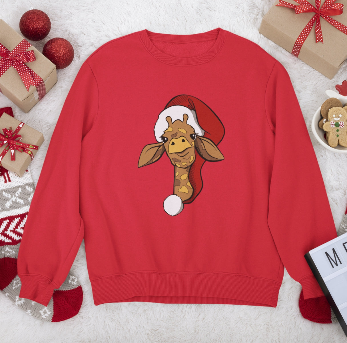 Sarkans UNISEX džemperis bez kapuces "Ziemassvētku žirafe"