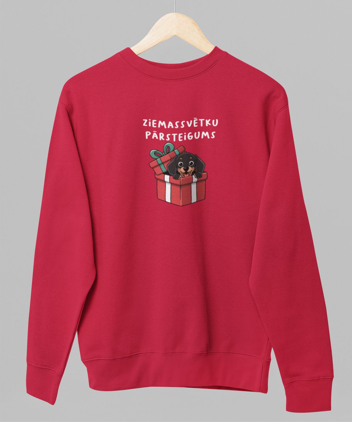 Sarkans UNISEX džemperis bez kapuces "Ziemassvētku pārsteigums"