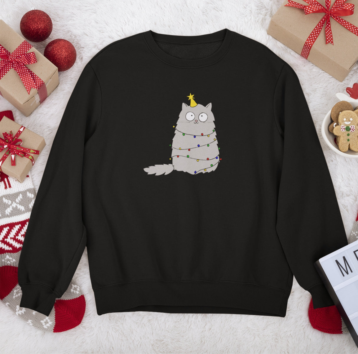 Melns UNISEX džemperis bez kapuces "Ziemassvētki, murr"