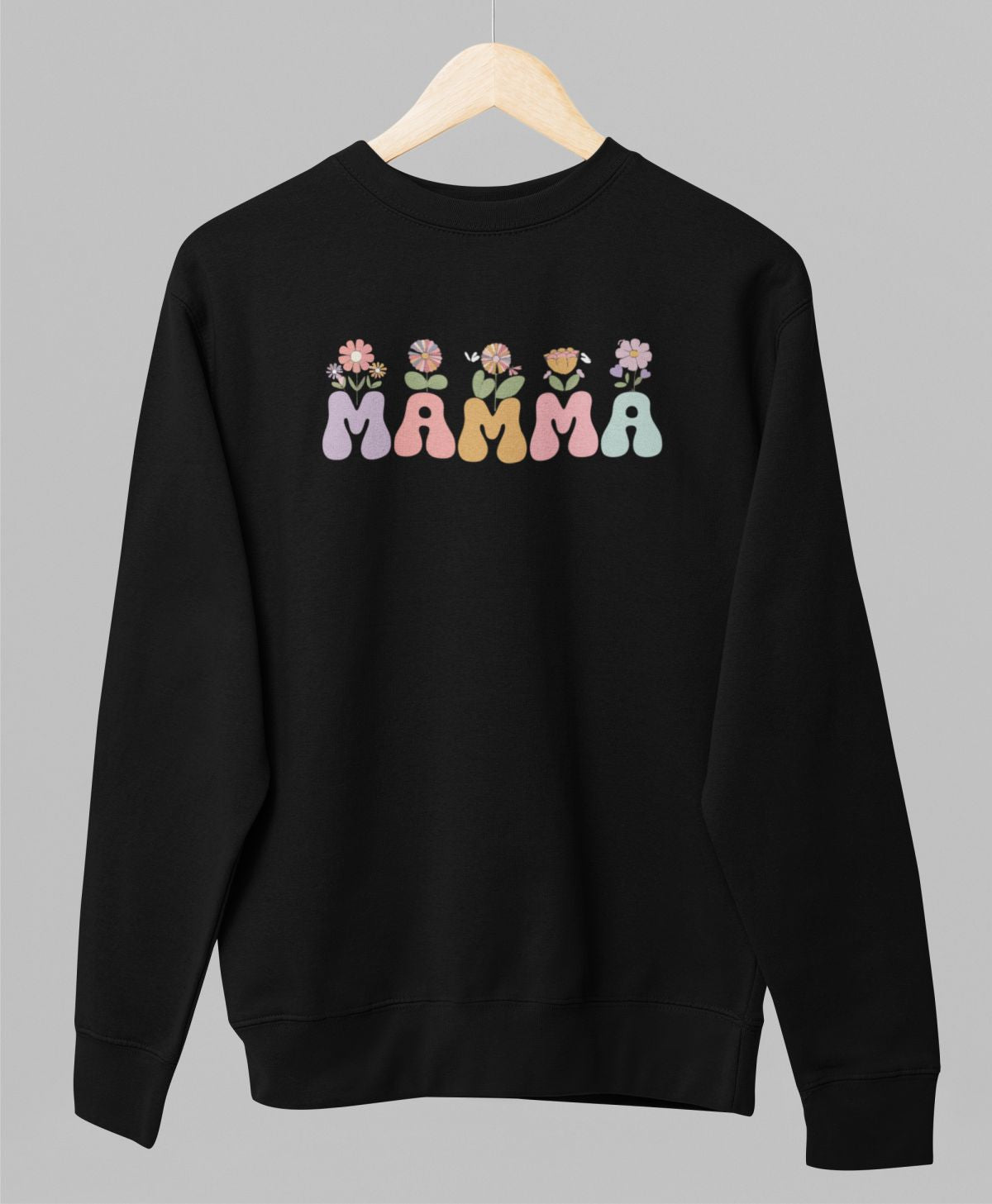 Melns UNISEX džemperis bez kapuces "Mamma ar puķēm"