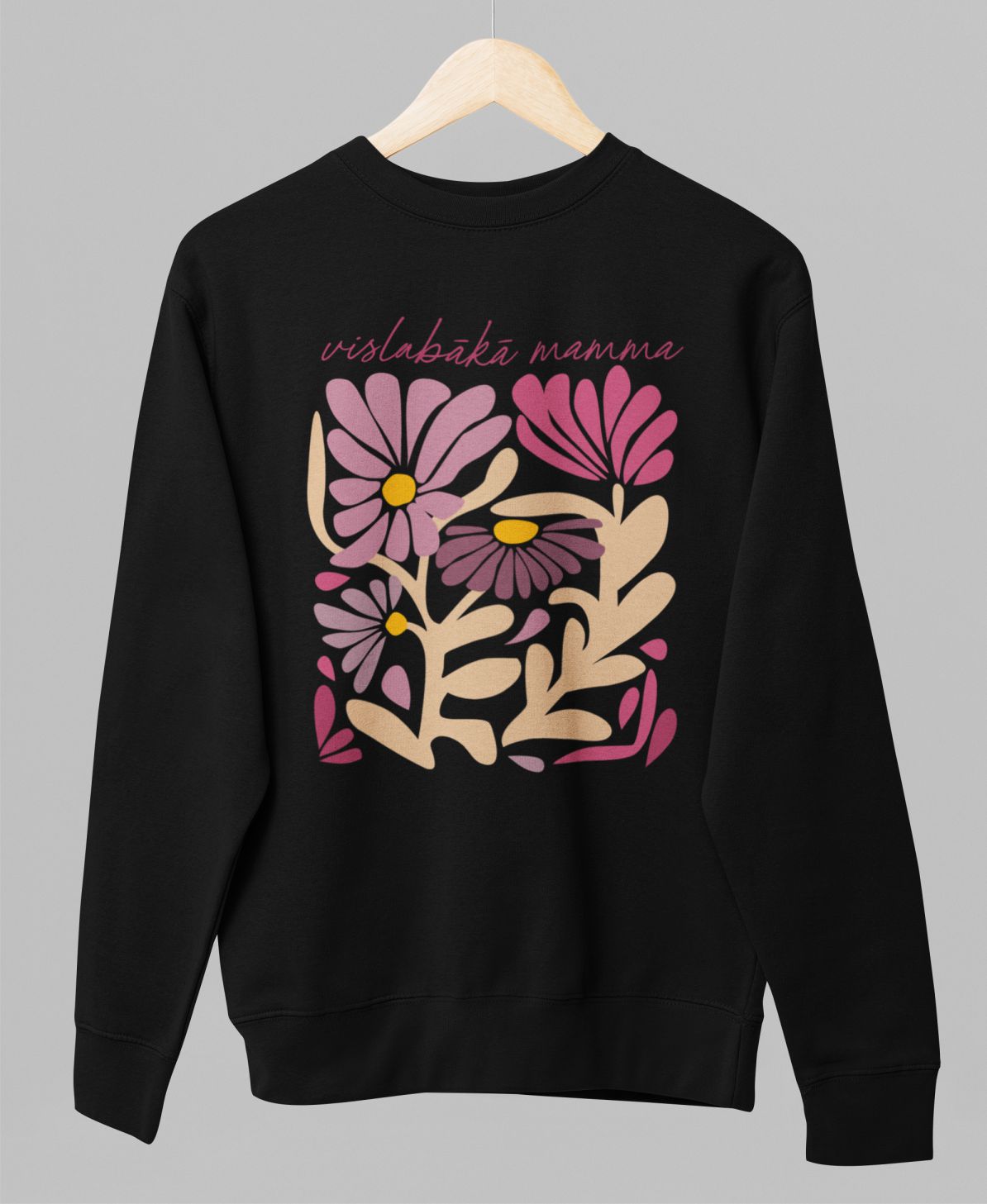 Melns UNISEX džemperis bez kapuces "Mammas puķu dārzs"