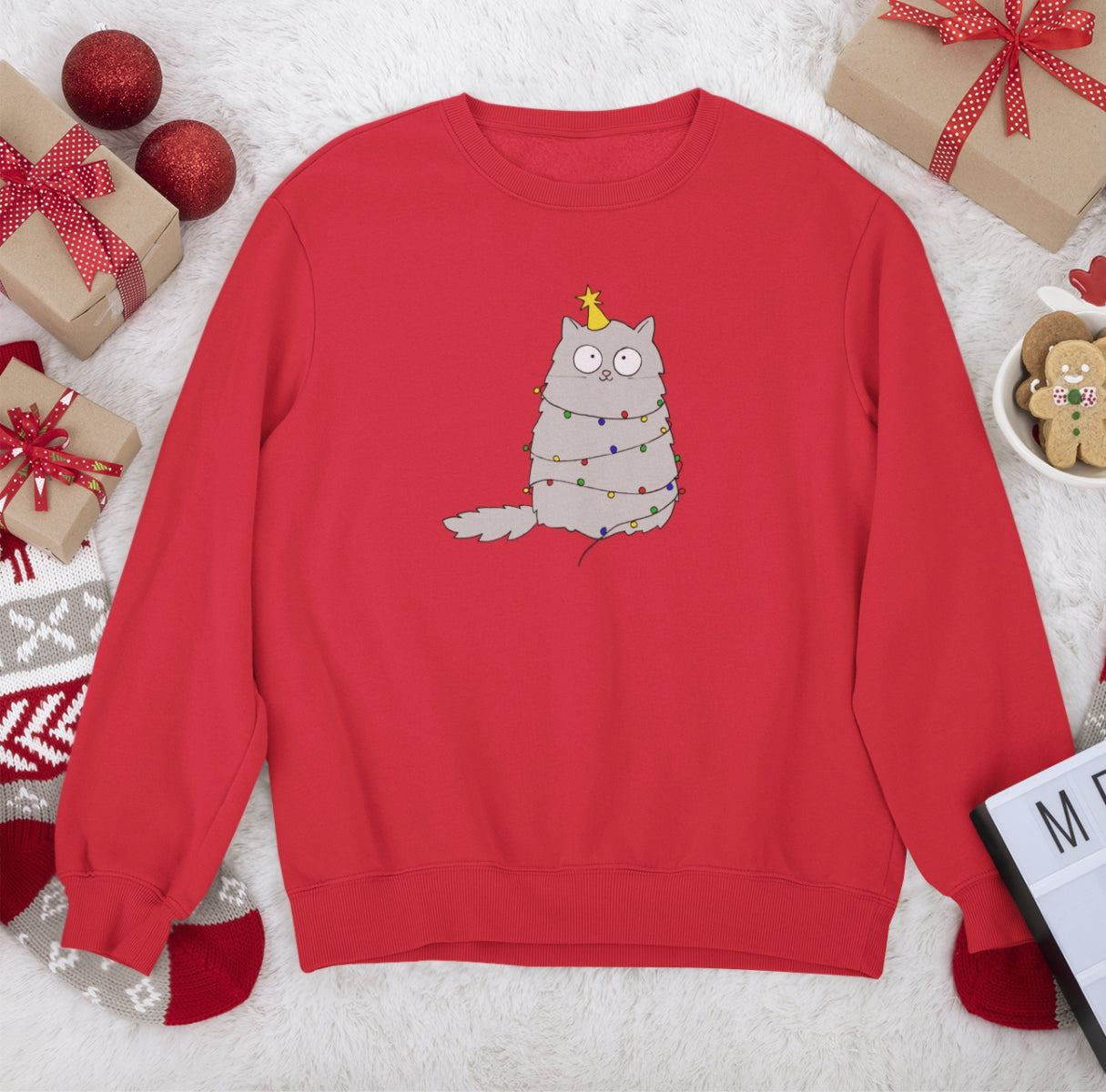 Sarkans UNISEX džemperis bez kapuces "Ziemassvētki, murr"