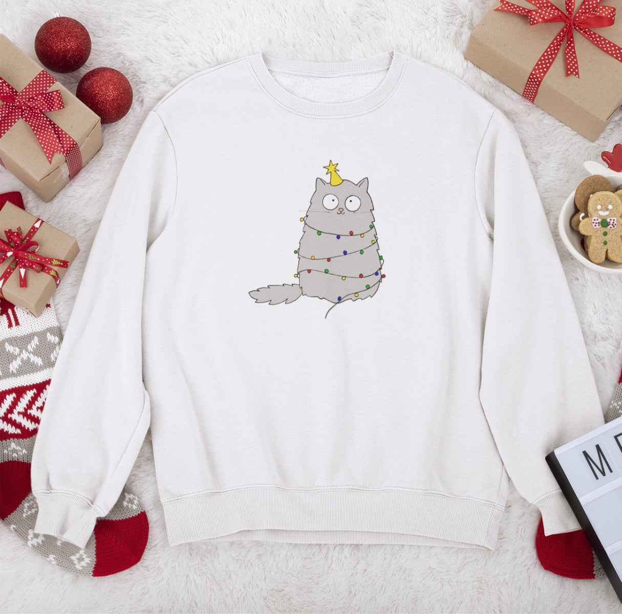 Balts UNISEX džemperis bez kapuces "Ziemassvētki, murr"
