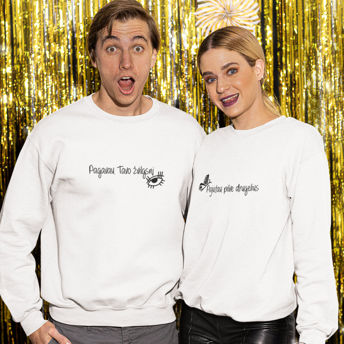 Balti džemperi bez kapucēm pāriem "Noķēru un sajutu"