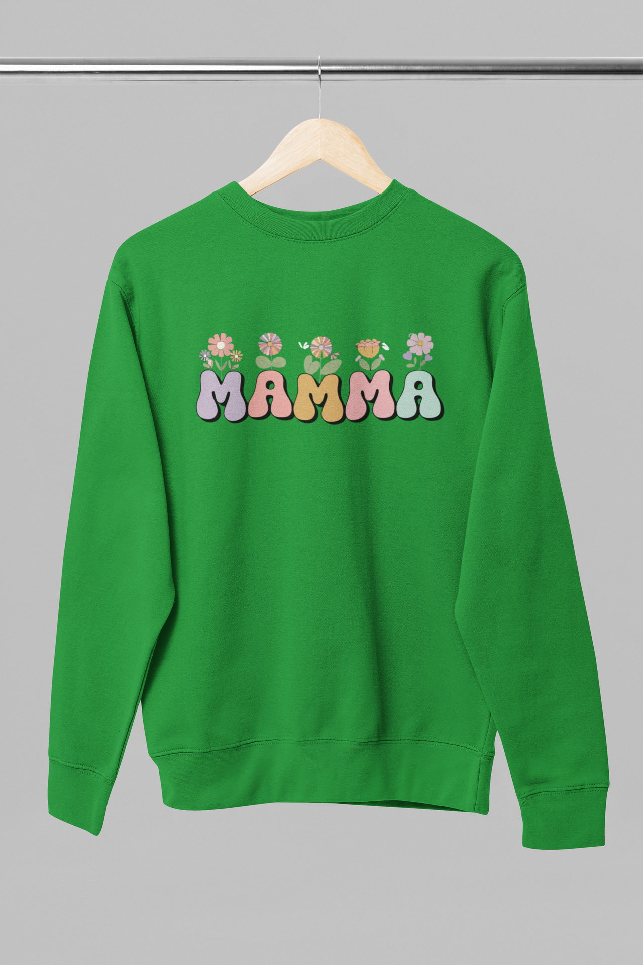 Zaļā krāsā UNISEX džemperis bez kapuces "Mamma ar puķēm"