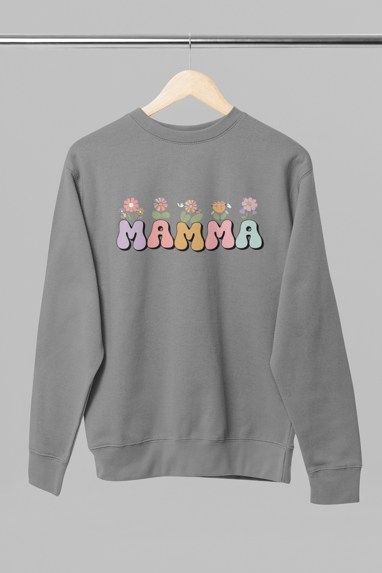 Pelēkā krāsā UNISEX džemperis bez kapuces "Mamma ar puķēm"