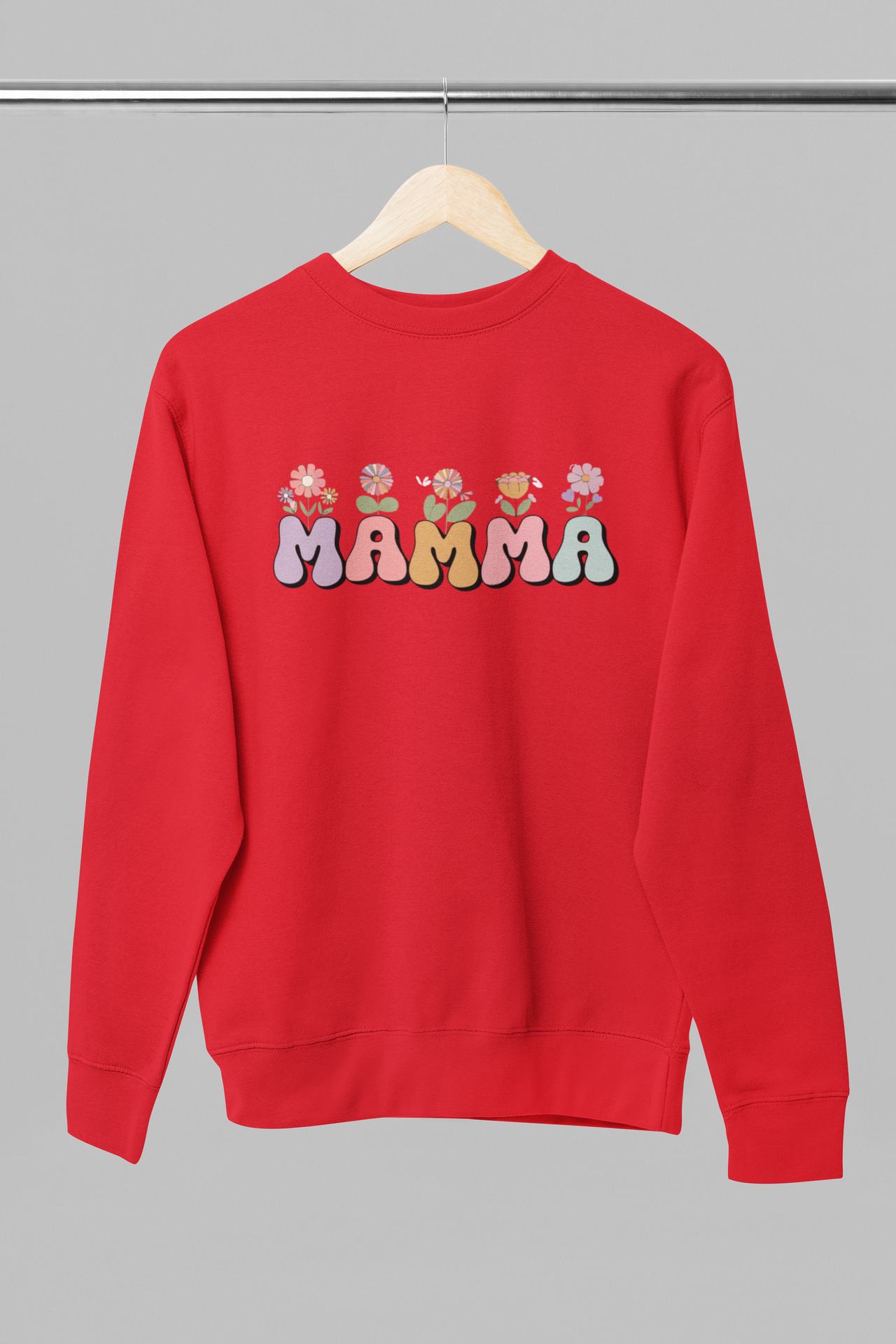 Sarkanā krāsā UNISEX džemperis bez kapuces "Mamma ar puķēm"