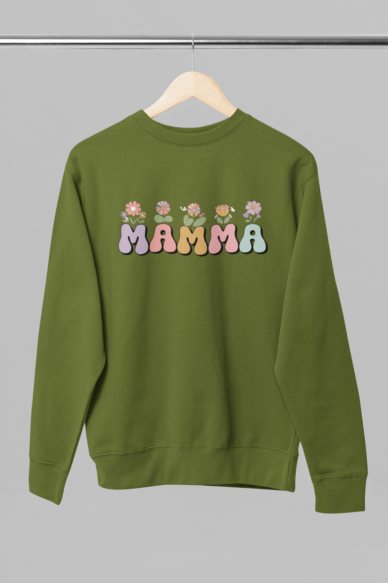 Armijas zaļš UNISEX džemperis bez kapuces "Mamma ar puķēm"