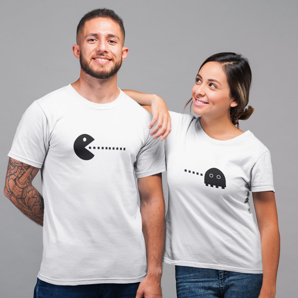 Valged unisex T-särgid paaridele „Pac-Mani mäng“