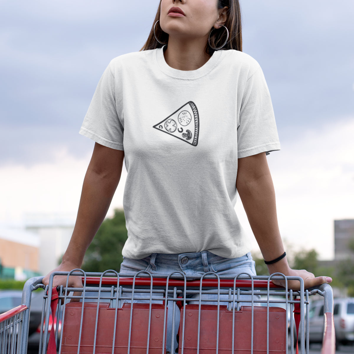 Valged unisex T-särgid paaridele joonistustega „Pitsa“