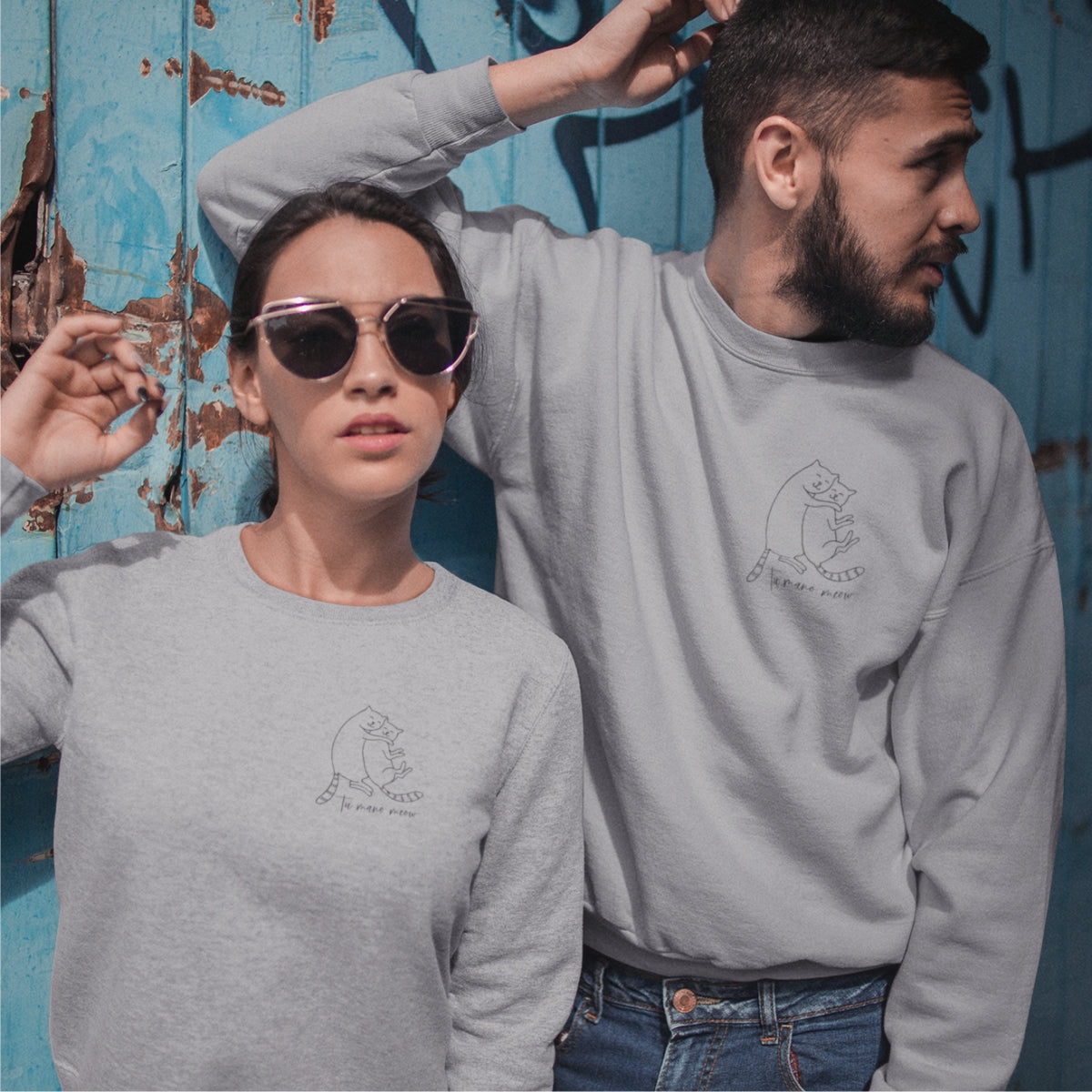 Pelēki melanža džemperi bez kapucēm pāriem "Tu esi mans meow"